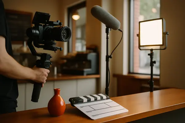 Brand video crew setup in a coffee shop