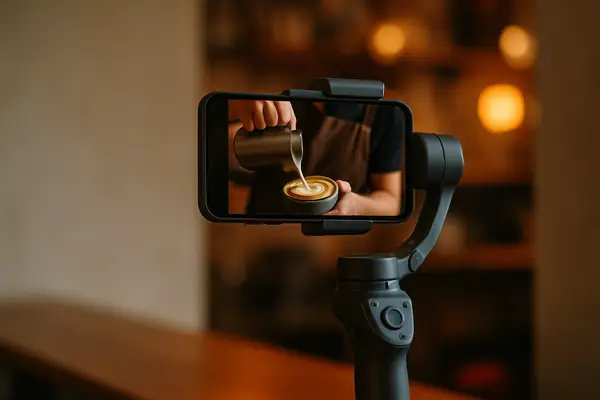 Phone on a gimbal filming latte art