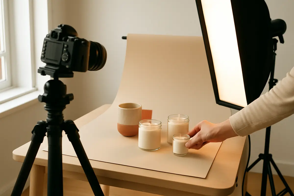 A tabletop product shoot being set up