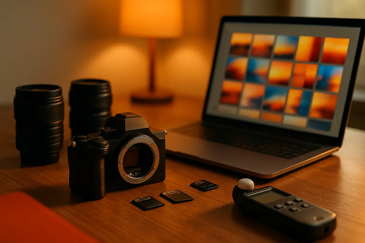 A photographer desk with camera gear and a laptop