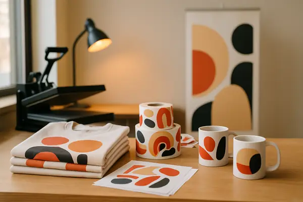 Custom apparel, stickers and mugs on a print shop workbench
